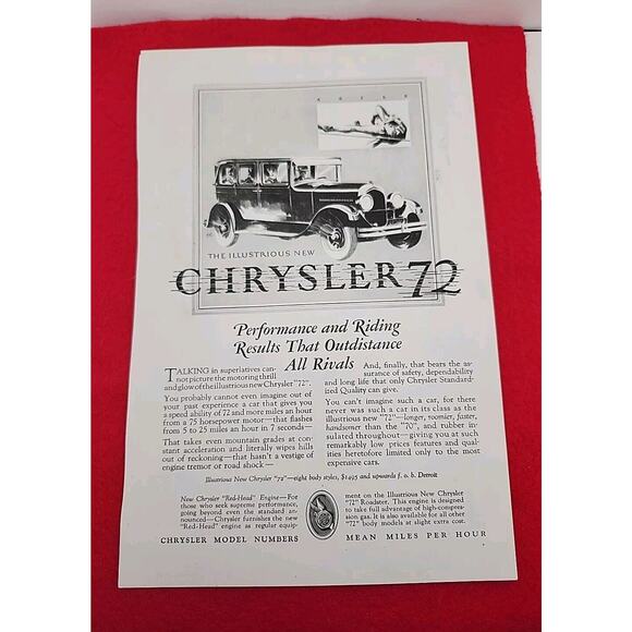 Vtg 1927 Chrysler 72: Performance and Riding Results Antique Print Ad Ephemera - Picture 1 of 6